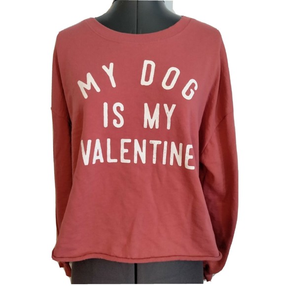 My Dog Is My Valentine Cutoff Cropped Sweat Shirt Top M Orange Pink French Terry